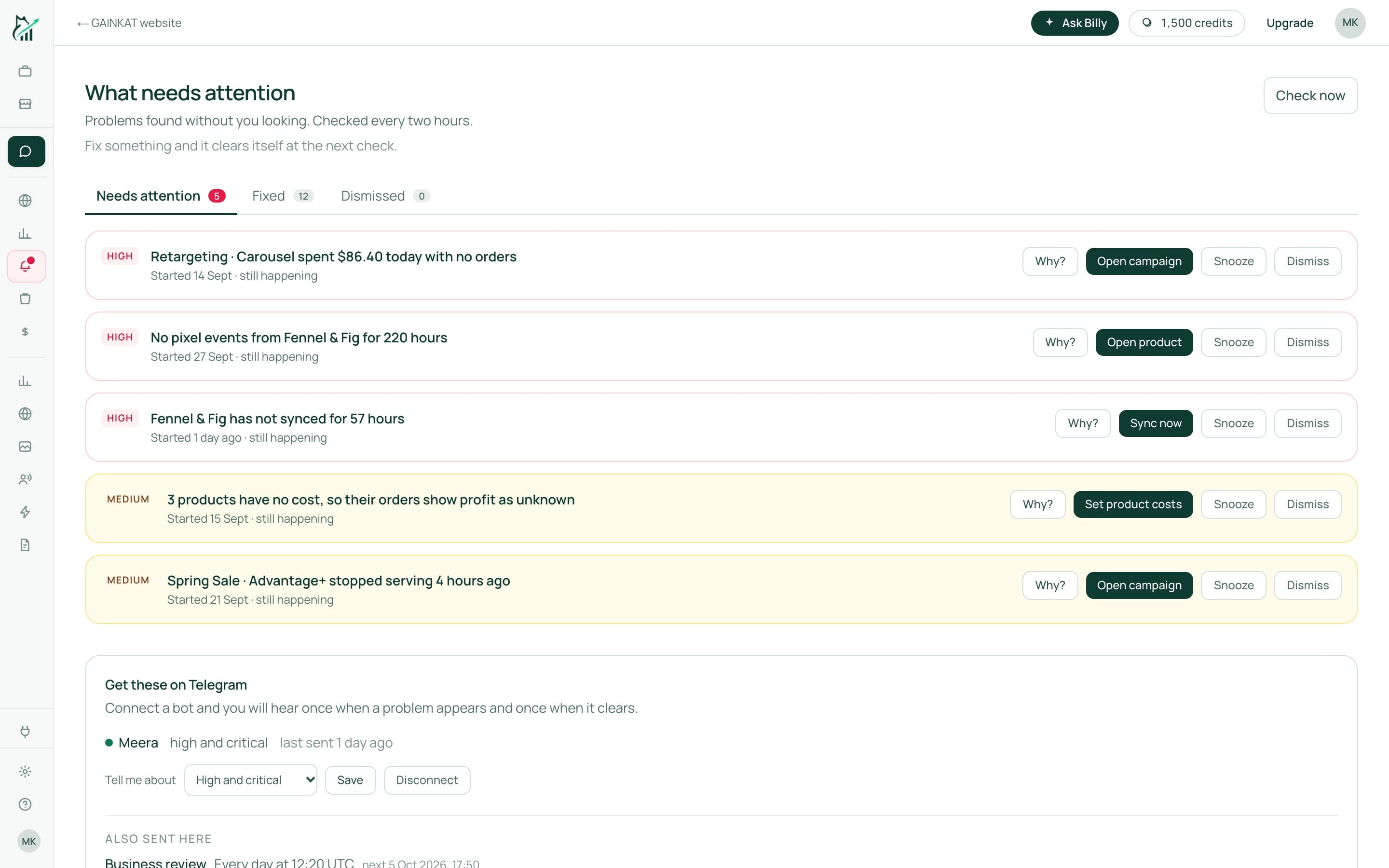 The Attention page listing alerts with their severity and a button to fix each one