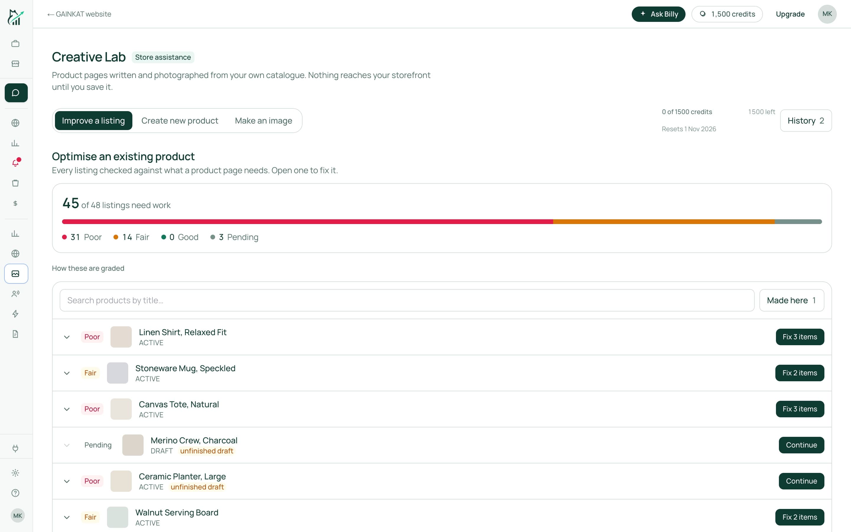 Creative Lab grading each product listing as poor, fair or good with a button to fix it