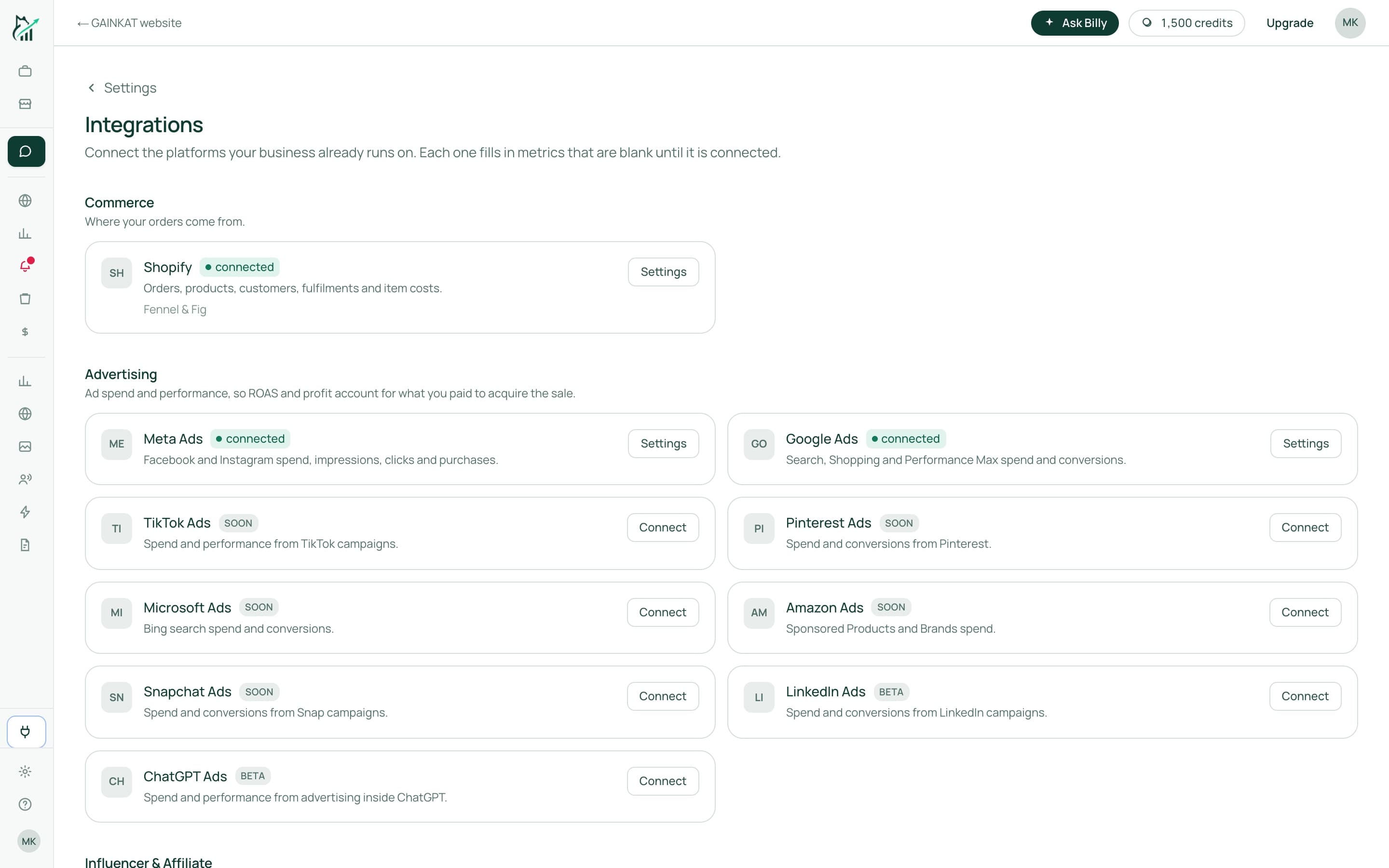 The Integrations page with Shopify, Meta Ads and Google Ads connected